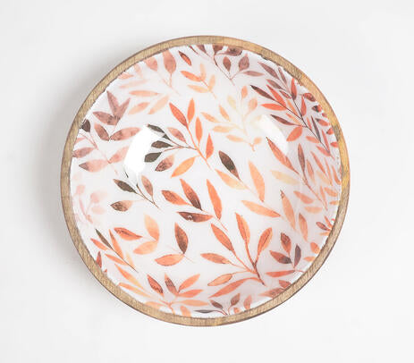 Enamelled Wooden Bowl with Leaves Design