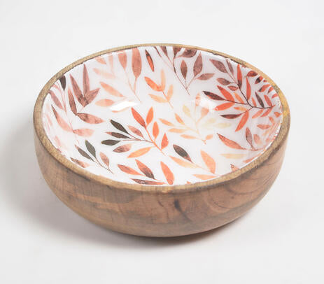 Enamelled Wooden Bowl with Leaves Design