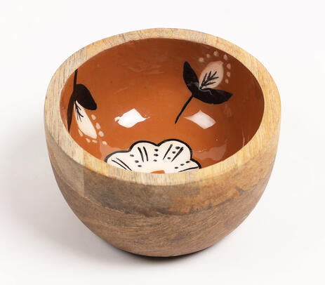 Enamelled Floral Wooden Bowl