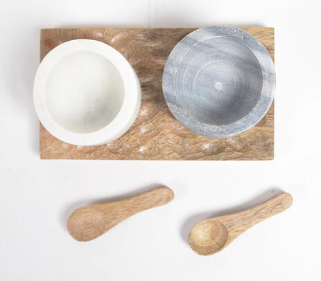 Stone Bowls with Wooden Spoons and Tray (Set of 2)