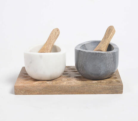 Stone Bowls with Wooden Spoons and Tray (Set of 2)