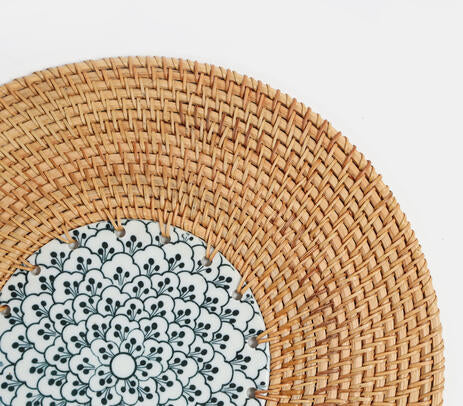 Handwoven Cane and Ceramic Trivet