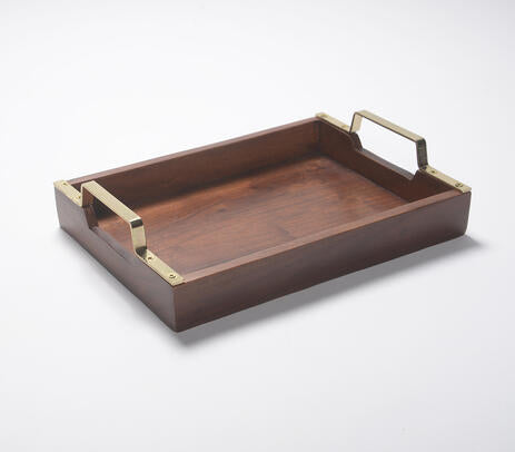 Hand Cut Wooden Serving Tray with Brass Handles