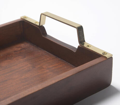 Hand Cut Wooden Serving Tray with Brass Handles