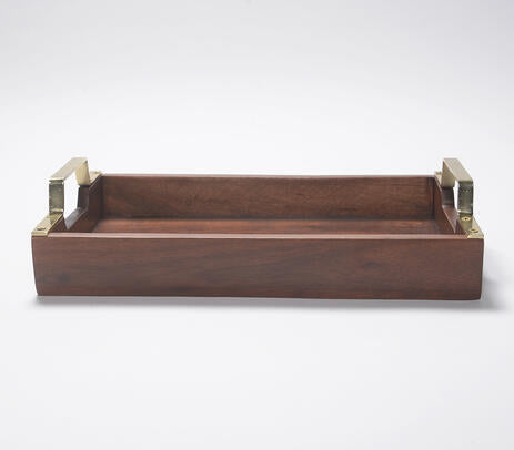 Hand Cut Wooden Serving Tray with Brass Handles