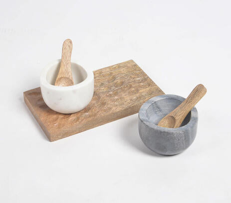 Stone Bowls with Wooden Spoons and Tray (Set of 2)