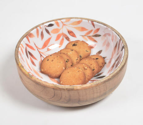 Enamelled Wooden Bowl with Leaves Design