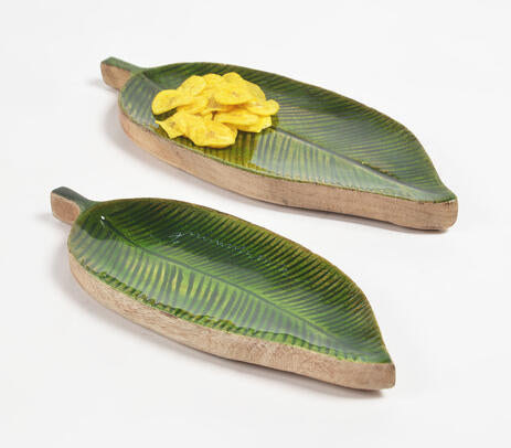 Enamelled Leaf Shaped Wooden Serveware (Set of 2)