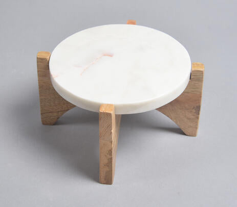 Marble Cake Platter with Wooden Stand