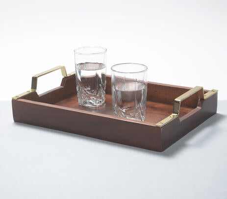 Hand Cut Wooden Serving Tray with Brass Handles